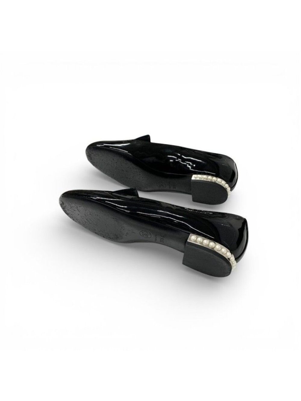Chanel Loafers Leather Shoes Patent Black Silver CC Logo Pearl Opera Flat - Picture 6 of 10